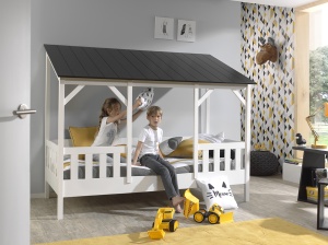 Pat Căsuță Housebed 90x200 cm cu Acoperiș Negru, pentru Copii, Alb – Vipack - Img 1
