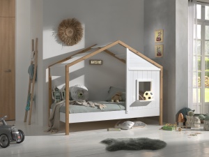 Pat Căsuță pentru Copii, 90x200 cm, Alb/Natural (Pin Masiv și MDF) – Babs – Vipack - Img 1