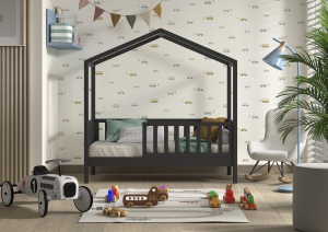Pat Căsuță pentru Copii cu Protecție, Antracit, 70 x 140 cm, Pin Masiv – Dallas – Vipack - Img 1