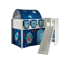 Pat ridicat pentru copii SCOTT, alb, 90 x 200 cm, din pin scandinav și MDF, cu scară frontală, tobogan, perdea de joacă ASTRO, tunel și 3 saci de depozitare – Vipack - Img 2