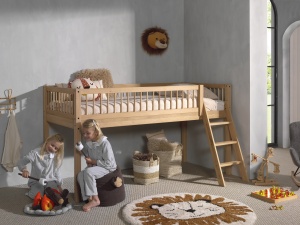 Pat Semi-Înălțat Forrest Oak pentru Camera Copii, 90x200 cm, cu Set Textil Inclus, din Lemn Masiv de Stejar, Natur – Vipack - Img 2