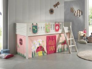Pat semi-supraetajat pentru copii SCOTT, alb, 90 x 200 cm, din pin scandinav masiv, cu scară, opțional cu sertare pentru depozitare și textil SPRING – Vipack