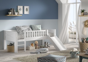 Pat semi-supraetajat pentru copii SCOTT, alb, 90 x 200 cm, H 85 cm, din materiale de calitate, cu tobogan, opțional cu sertare pentru depozitare – Vipack - Img 1