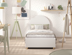 Pat tapițat pentru copii MOON, 90 x 200 cm, alb, cu țesătură bouclé și spațiu de depozitare – Vipack - Img 3