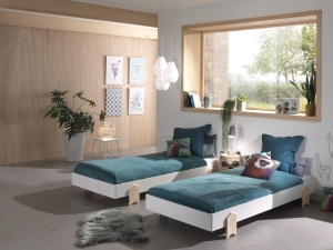 Set 3 paturi stivuibile pentru copii MODULO, alb, din MDF și pin masiv, cu somiere cu lamele incluse – Vipack