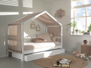 Set Complet: Pat Căsuță Forrest Beech pentru Camera Copii, 90x200 cm, cu Sertar Pat și Set Textil, din Lemn Masiv de Fag, Alb – Vipack - Img 2