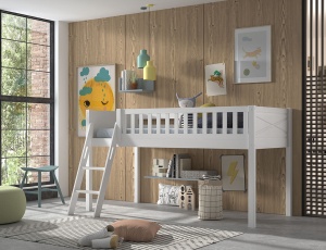 Set complet pat semi-supraetajat SCOTT pentru copii, alb, 90 x 200 cm, pin scandinav masiv, cu scară, 3 buzunare depozitare și perdea de joacă PRINCESS SOPHIE – Vipack - Img 8