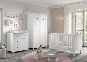 Set Mobilier AMORI Cameră Bebeluși, 3 Piese, Alb (Pin Masiv și MDF), Design Romantic – Vipack - Img 1