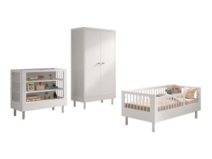Set Mobilier Cameră Copii Forrest Beech, din Lemn Masiv de Fag, Alb: Pat Junior (70x140 cm), Masă de Înfășat și Dulap cu 2 Uși – Vipack - Img 5
