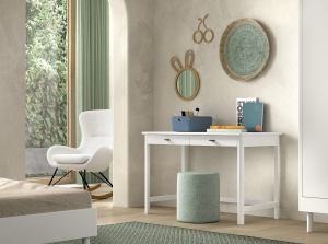 Set Mobilier Camera Copii Forrest Beech, Pat 90x200 cm cu Tăblie Textilă, Noptieră și Birou, din Lemn Masiv de Fag, Alb – Vipack - Img 3