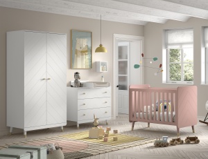 Set Mobilier Complet pentru Bebeluși, 4 Piese, Roz și Alb Satinat (Pin Masiv și MDF) – Billy – Vipack - Img 1