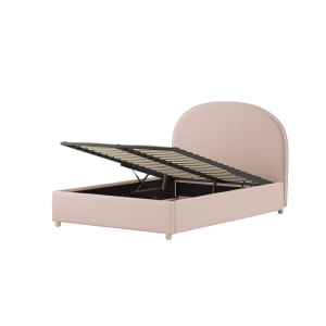 Set MOON: pat tapițat 90 x 200 cm roz cu țesătură bouclé și spațiu de depozitare + 2 tabureti roz multifuncționali – Vipack - Img 4