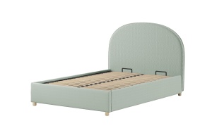 Set MOON: pat tapițat 90 x 200 cm verde cu țesătură bouclé și spațiu de depozitare + taburet verde multifuncțional – Vipack - Img 2