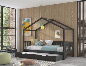 Set Pat Căsuță, cu Protecție și Sertar, Antracit, 90 x 200 cm, Pin Masiv – Dallas – Vipack - Img 6