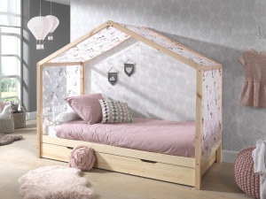 Set Pat Căsuță pentru copii, cu Sertar și Perdea Fluturi, Natur, 90 x 200 cm, Pin Masiv – Dallas – Vipack