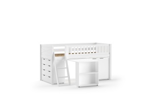 Set pat semi-supraetajat pentru copii SCOTT, alb, 90 x 200 cm, pin scandinav masiv, cu scară, birou glisant, bibliotecă, comodă cu 3 sertare și dulap cu 3 uși – Vipack - Img 2
