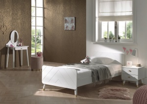 Set Pat Single, Noptieră și Masă de Toaletă pentru Copii, 3 Piese, 90x200 cm, Alb Satinat (Pin Masiv și MDF) – Billy – Vipack