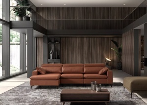 Canapea piele cologica cu sezlong, model Antia, lemn de pin (Pine wood) și placă DMF (DMF board), picioare din metal inalte, textil plusat, 280 cm