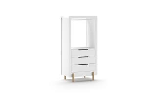 Dulap pentru copii SMILE, alb, cu 3 sertare și bară pentru haine, picioare rotunde din lemn natural – Vipack - Img 2