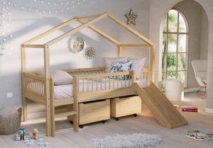Pat Casă Înălțat Forrest Oak 90x200 cm, pentru Camera Copii, din Lemn de Stejar, Natur, cu Tobogan și Sertare – Vipack - Img 1