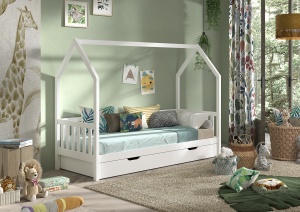 Pat Căsuță cu Sertar Extensibil, Alb, 90 x 190/200 cm (Pin Masiv) – CABANE – Vipack - Img 1