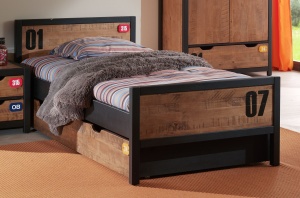 Pat Copii ALEX 90x200 cm, Pin Masiv și Metal Negru, cu Sertar Multifuncțional – Vipack