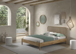 Pat dublu OLIVE, 160 x 200 cm, cu tăblie cu lamele rotunjite și aspect lemn de stejar, design modern, fără somieră inclusă, cu noptieră cu două rafturi deschise – Vipack - Img 5