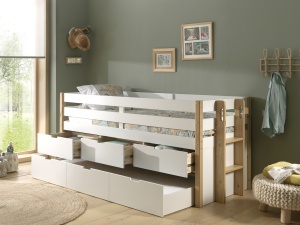 Pat pentru copii MARGRIT, 90 x 200 cm, alb cu tonuri naturale, cu 3 sertare și pat trundle pentru dormit sau depozitare – Vipack - Img 8