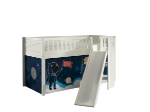 Pat pentru copii SCOTT, alb, 90 x 200 cm, din pin scandinav și MDF, cu scară frontală, glisieră și perdea de joacă SPACE SHUTTLE – Vipack - Img 2