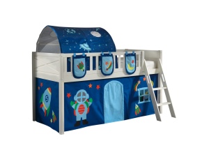 Pat ridicat pentru copii SCOTT, alb, 90 x 200 cm, din pin scandinav și MDF, cu scară frontală, perdea de joacă ASTRO, tunel și 3 saci de depozitare – Vipack - Img 2