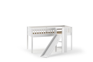Pat ridicat pentru copii SCOTT, alb, 90 x 200 cm, din pin scandinav și MDF, cu scară frontală, tobogan, perdea de joacă și tunel ASTRO – Vipack - Img 4