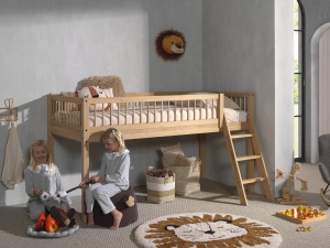 Pat Semi-Înălțat Forrest Oak pentru Camera Copii, 90x200 cm, cu Set Textil Inclus, din Lemn Masiv de Stejar, Natur – Vipack - Img 12
