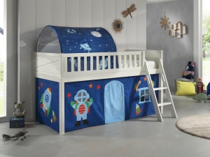 Pat semi-supraetajat pentru copii SCOTT, alb, 90 x 200 cm, din pin scandinav masiv, cu scară, opțional cu sertare pentru depozitare și textil ASTRO – Vipack - Img 1