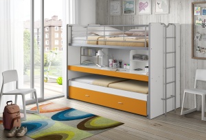 Pat supraetajat copil 90×200 cm portocaliu cu birou și uși de depozitare – Economisește spațiu cu stil – Gama Bonny – Vipack - Img 2