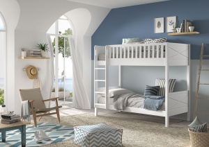 Pat supraetajat pentru copii SCOTT, alb, 90 x 200 cm, din pin scandinav masiv, cu somiere incluse – Vipack