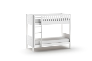 Pat supraetajat pentru copii SCOTT, alb, 90 x 200 cm, din pin scandinav și MDF, cu somiere incluse și sertar mare pentru loc de dormit suplimentar – Vipack - Img 5