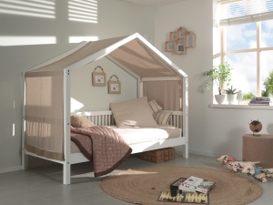 Set Complet: Pat Căsuță Forrest Beech pentru Camera Copii, 90x200 cm, cu Sertar Pat și Set Textil, din Lemn Masiv de Fag, Alb – Vipack - Img 1