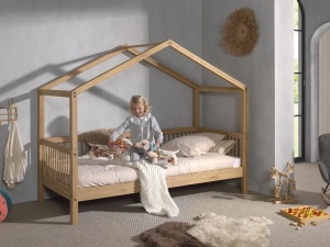 Set Complet: Pat Căsuță Forrest Oak pentru Camera Copii, 90x200 cm, cu Sertar Pat, Barieră de Siguranță Suplimentară și Set Textil, din Lemn Masiv de Stejar, Natur – Vipack