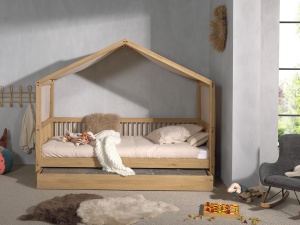 Set Complet: Pat Căsuță Forrest Oak pentru Camera Copii, 90x200 cm, cu Sertar Pat și Set Textil, din Lemn Masiv de Stejar, Natur – Vipack - Img 4