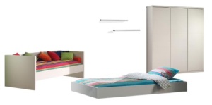 Set Dormitor Lara pentru Copii/Tineri, Alb – Pat Cabină 90x200 cm, Dulap 3 Uși, Sertar Pat și Polițe Perete – Vipack - Img 4