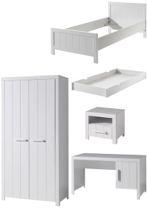 Set Mobilier Cameră Copii ERIK: Pat 90x200 cm, Dulap 2 Uși, Birou, Noptieră și Sertar, Alb – Vipack - Img 6