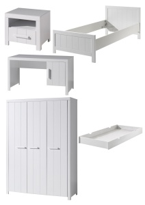 Set Mobilier Cameră Copii ERIK: Pat 90x200 cm, Dulap 3 Uși, Birou, Noptieră și Sertar, Alb – Vipack - Img 6
