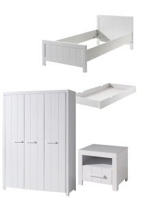 Set Mobilier Cameră Copii ERIK: Pat 90x200 cm, Dulap 3 Uși, Noptieră și Sertar, Alb – Vipack - Img 5