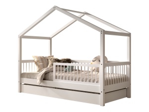 Set Mobilier Camera Copii Forrest Beech, Pat Căsuță 90x200 cm, Sertar Pat și Barieră Suplimentară, din Lemn Masiv de Fag, Alb – Vipack - Img 5