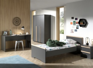 Set mobilier copii LONDON, pat 90x200 cm cu sertar depozitare / pat suplimentar + noptieră 2 sertare soft-close + dulap 3 uși cu rafturi și bară + birou spațios, antracit – Vipack - Img 1