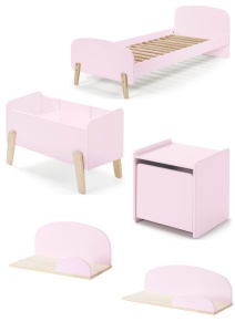 Set Mobilier Kiddy pentru Camera Copii – Pat 90x200 cm, Noptieră, Cutie Jucării & 2 Polițe Perete – Roz Pal – Vipack - Img 6
