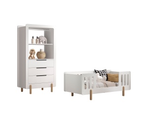 Set mobilier pentru copii mici SMILE, alb, pat 70 x 140 cm cu balustradă de protecție și dulap cu baretă pentru haine și 3 sertare – Vipack - Img 2