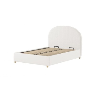Set MOON: pat tapițat 140 x 200 cm alb cu țesătură bouclé și spațiu de depozitare + taburet alb multifuncțional – Vipack - Img 3