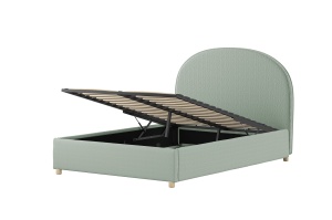 Set MOON: pat tapițat 90 x 200 cm verde cu țesătură bouclé și spațiu de depozitare + taburet verde multifuncțional – Vipack - Img 3