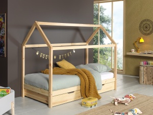 Set Pat Căsuță, cu Sertar și Saltea, Natur, 90 x 200 cm, Pin Masiv – Dallas – Vipack